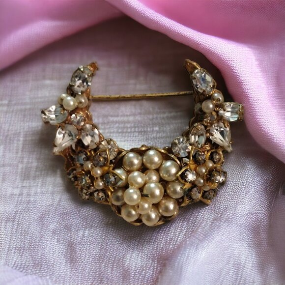 Original by Robert Rhinestone and Pearl Crescent Brooch